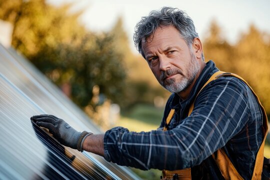 Middle-aged man in work gloves and checkered shirt inspecting solar panels outdoors with focused and thoughtful expression