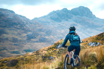 Fototapeta premium Bicyclist enjoying picturesque mountain view in vibrant landscape during late afternoon
