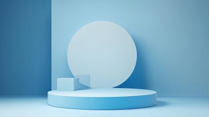 3D white geometric forms. Box podium in blue color. Minimal scene for product display.