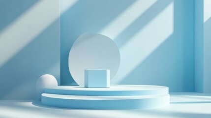 3D white geometric forms. Box podium in blue color. Minimal scene for product display.