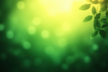 Obraz premium Close-up of green leaves with water droplets glowing in soft sunlight with blurred green bokeh background evoking freshness and tranquility