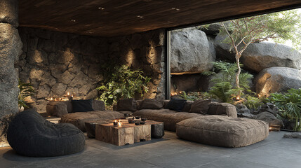 Cozy open concept room featuring plush textures and natural elements, creating serene atmosphere