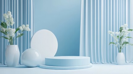 3D white geometric forms. Box podium in blue color. Minimal scene for product display.