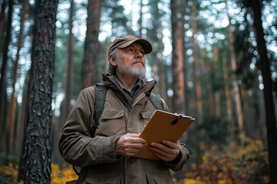 Middle-aged man with gray beard wearing outdoor jacket and cap holding a clipboard and looking thoughtfully up while standing in a dense forest