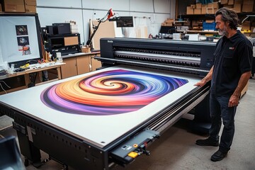 Man standing next to large professional printer printing a vibrant colorful spiral artwork inside a workshop