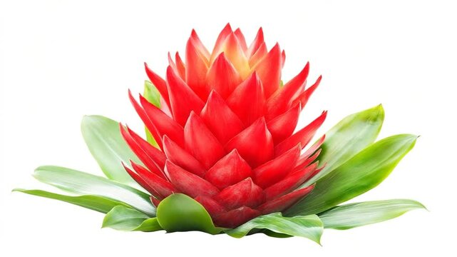 Vivid red bromeliad flower showcasing intricate details, tropical plant on white background