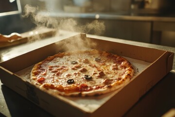 Slow motion camera captures steam rising from freshly baked pizza in a restaurant setting, Slow motion camera moves to pizza circle lying in a box just baked and ready to be packed