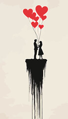 A romantic silhouette of a couple holding heart balloons in a dreamy landscape.