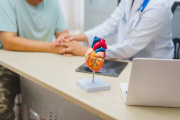 Asian male doctor specializing in cardiology explains heart disease to a patient using a heart...
