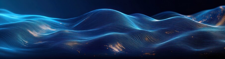 Abstract digital wave pattern with flowing blue lines and scattered orange glowing particles creating a futuristic and dynamic ocean-like effect