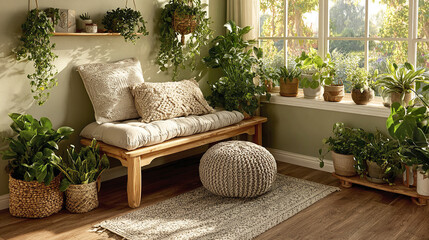 Cozy boho rustic living area with plants and natural light creating serene atmosphere