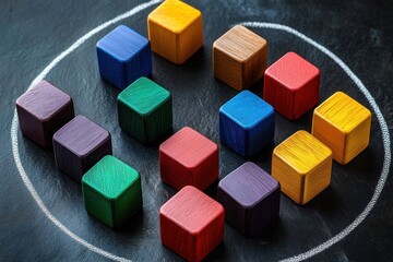 Obraz premium Colorful wooden cubes arranged inside a white chalk circle on a black surface with varied colors including purple, green, red, blue, yellow, and brown