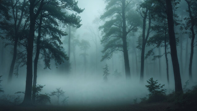A dense fog shrouds the tall trees in a mysterious and ethereal forest landscape scene view