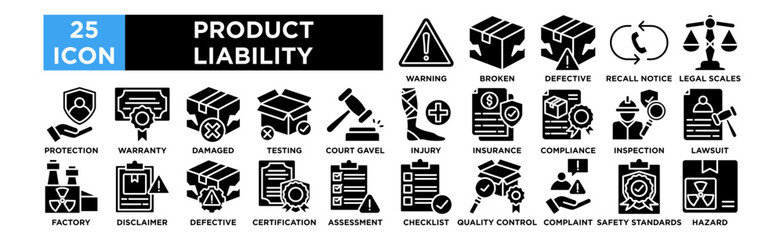 Product Liability icon collection set. Warning Label, Broken Product, Defective Packaging, Recall Notice, Legal Scales