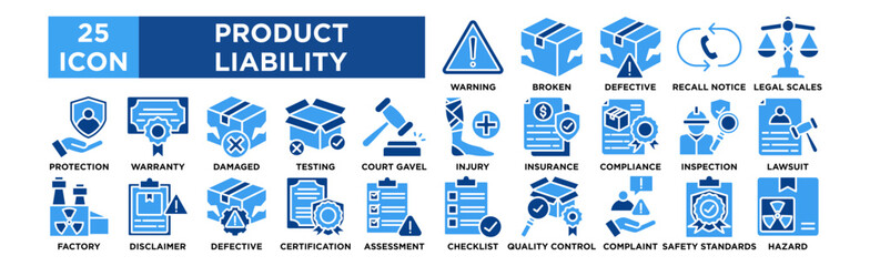 Product Liability icon collection set. Warning Label, Broken Product, Defective Packaging, Recall Notice, Legal Scales