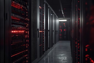 Modern server racks illuminate dark data center with vibrant LED lights, Modern server racks in dark data center room, enhanced by dramatic VFX