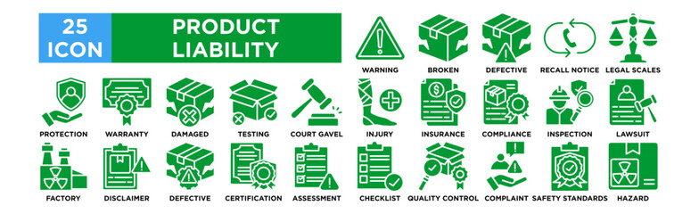 Product Liability icon collection set. Warning Label, Broken Product, Defective Packaging, Recall Notice, Legal Scales