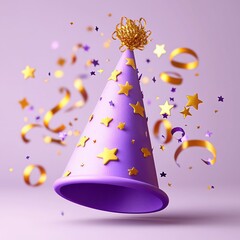 Purple party hat decorated with golden stars surrounded by golden and purple confetti ribbons floating against a soft purple background, evoking festive celebration