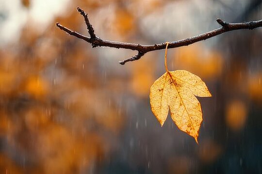 Single orange autumn leaf hanging from a bare branch with raindrops falling in a blurred background - Powered by Adobe