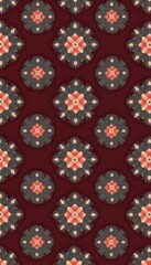 Fototapeta premium Symmetric Geometric Pattern on Dark Red Background, Showcasing Retro Decorative Style & Artistic Texture, for Textile Fabrics, Wallpaper Design, Packaging Decoration, Cultural & Creative Products