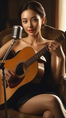 Naklejka premium A captivating woman with delicate features, almond-shaped eyes, and full lips sits gracefully in a worn vintage wooden chair, gazing directly into the camera. She strums a sleek acoustic guitar 