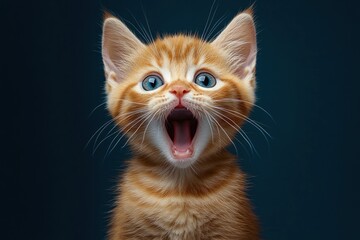 Close-up of an orange tabby kitten with blue eyes looking surprised or excited with its mouth wide open against a dark background