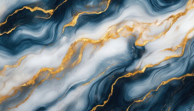 Abstract fluid art with flowing white, blue, and gold metallic waves creating a sense of luxury and smooth movement
