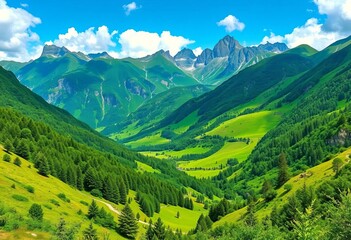 Naklejka premium Lush green valley nestled against a majestic mountain range, showcasing vibrant nature's beauty, vegetation, meadow
