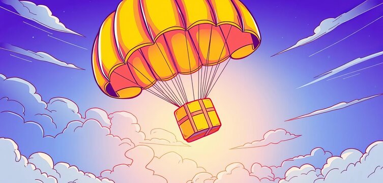Line art illustration of a parachute carrying a package descending from the sky,   package delivery,   shipment