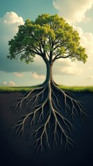 Tree with its roots visible in the ground. The roots are spread out and the tree is tall