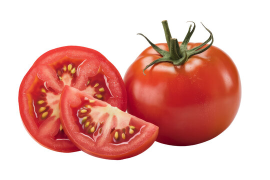 fresh red tomato and slices on white background.