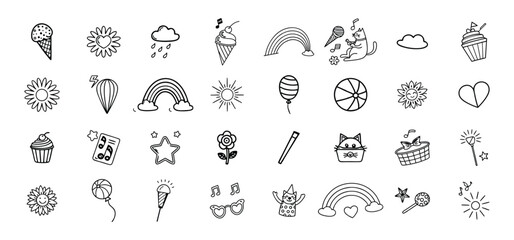 Adorable black and white doodle illustrations of various fun and happy themed icons and symbols