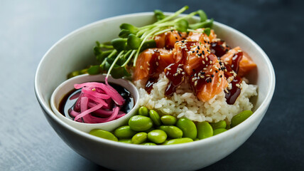 A professional food photograph of a poke bowl in a white ceramic bowl against a dark gray background.