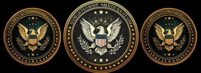 Golden circular emblems featuring a heraldic eagle with spread wings holding an olive branch and arrows, shield decorated with stripes and stars, on black background