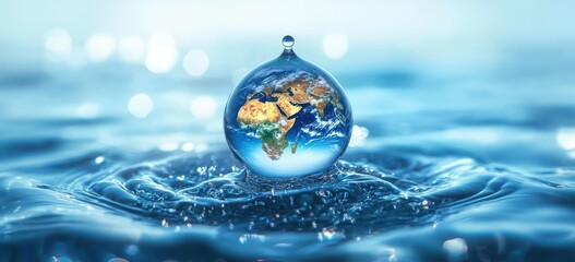 A water droplet with Earth globe reflection splashing onto water surface symbolizing global water and environmental connection