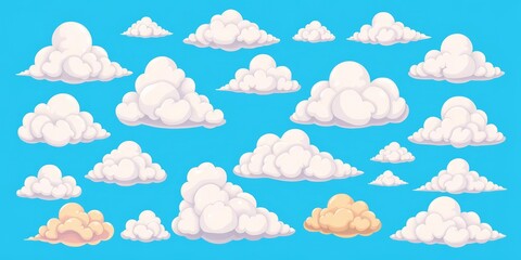 Fototapeta premium Charming set of diverse cloud illustrations isolated on a vibrant blue backdrop, nimbus, collection
