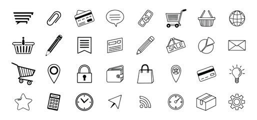 Fototapeta premium Assortment of hand drawn icons depicting e commerce shopping finance and business related elements in monochrome style