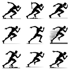 Set of silhouettes of running men on white background. Vector illustration.