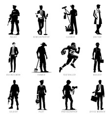 Set of black silhouettes of different man professions on white background. Working people silhouette vector illustration.