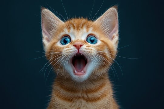 Close-up of an orange tabby kitten with striking blue eyes and mouth open as if meowing or surprised against a dark background