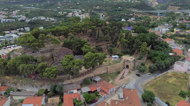 Aerial bird's eye view of ancient castle at historical center of Kalamata, Peloponnesus, Messinia , Greece 4k