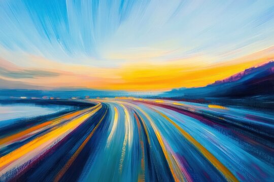 Abstract vibrant painting of a curved highway at dusk with dynamic streaks of light and a colorful sky blending blues, oranges, and yellows conveying motion and energy