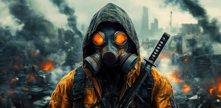 Person wearing a gas mask and hooded jacket holding a katana in a fiery, smoke-filled post-apocalyptic urban environment - Powered by Adobe