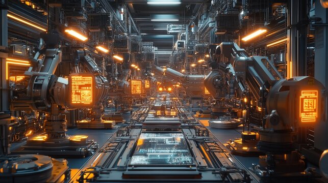 A futuristic factory assembly line malfunctioning due to human misconfiguration 