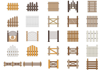 Vector set of illustrations with wooden gates of different shapes and colors.