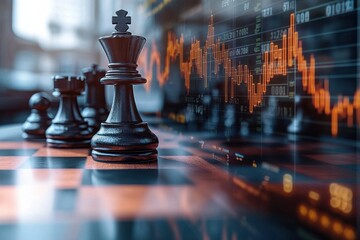 Black chess pieces on a chessboard with an overlaid digital stock market chart showing orange fluctuating lines representing financial analysis and strategic decision making