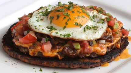 Delectable Breakfast: A mouthwatering culinary creation, where a perfectly cooked fried egg takes center stage atop a stack of savory ingredients, hinting at a burst of flavors in every bite.