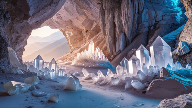 A crystal cave with clear quartz formations and a view of distant mountains through the entrance - Powered by Adobe