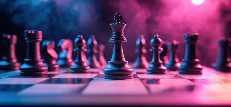 Chessboard with black chess pieces arranged in starting position under dramatic blue and pink lighting creating an intense and strategic atmosphere