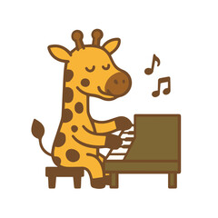 A giraffe playing the piano and enjoying the music